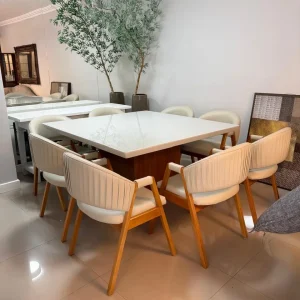CONJUNTO DE MESA E CADEIRAS DE JANTAR – MESA QUADRADA TAMPO VIDRO + 8 CADEIRAS DE BRAÇO -P032-1